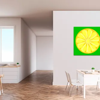 Quadro limão laminado com fatia de limão sobre fundo verde numa cozinha moderna