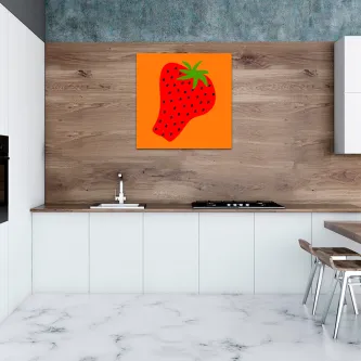 Quadro Moranguinho com morango vermelho estilizado sobre fundo laranja na cozinha