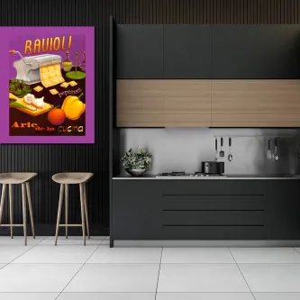 Quadro Ravioli com massa, máquina de cortar e ingredientes expostos numa cozinha moderna