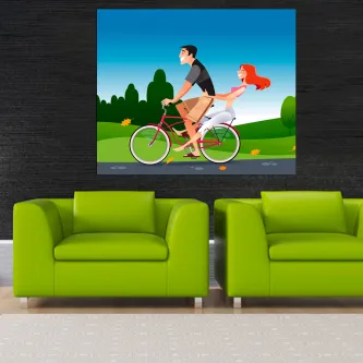 Casal a andar de bicicleta por estrada junto a relvado, ilustração colorida