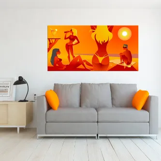 Quadro Amigos na praia em estilo pop art com figuras na praia ao pôr do sol