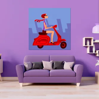 Quadro com mulher numa vespa vermelha sobre fundo azul, na parede roxa