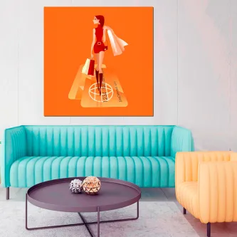 Quadro Terapia das Compras: mulher em vestido vermelho com sacos sobre cartão laranja