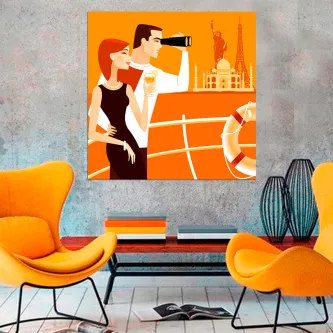 Casal num passeio de barco em estilo pop art com tons laranja