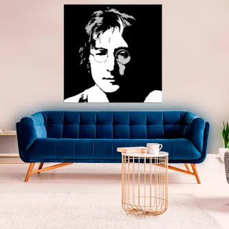 Quadro pop art preto e branco com retrato estilizado de músico com óculos