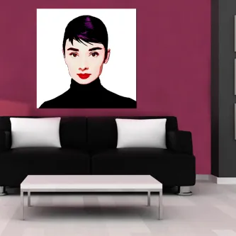 Quadro Audrey Face, retrato pop art feminino com lábios vermelhos sobre fundo branco