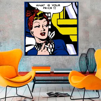 Quadro 'What is Your Price' com mulher em estilo pop art e balão de fala
