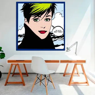 Quadro Great Thinks com rosto pop art feminino e balão de fala sobre ondas