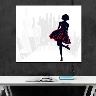 Quadro com silhueta feminina em vestido com contornos vermelhos sobre skyline urbano