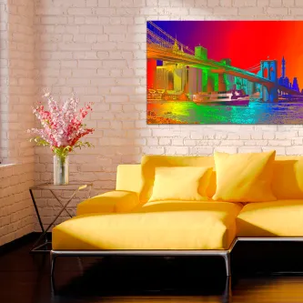 Quadro Color Pop Brooklyn com ponte em cores vibrantes sobre parede de tijolo branco