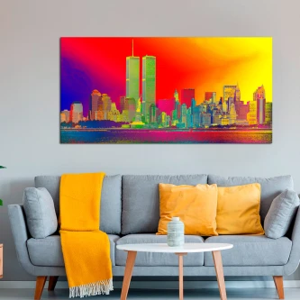 Quadro pop art com skyline e duas torres gémeas em cores vibrantes