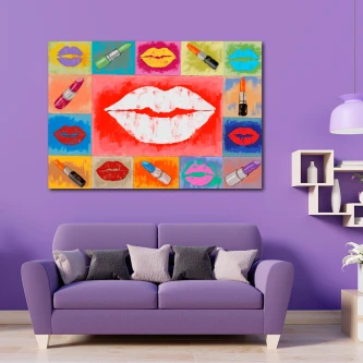 Quadro lips pop art com padrão de bocas e batons coloridos