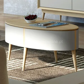 Mesa de centro elipse oval em madeira clara com tampo oval e pés cónicos