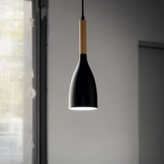 Candeeiro de teto Manhattan preto com topo em madeira e luz interior