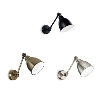 Aplique de parede Newton com braço articulado e cúpula cónica, 3 acabamentos (preto, bronze, cromado)