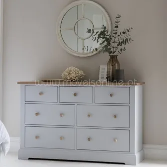 Cómoda Marlow 7 Drawer branca com tampo de madeira e espelho redondo