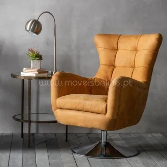 Poltrona Bristol Tan giratória estofada em pele sintética cor caramelo com base metálica