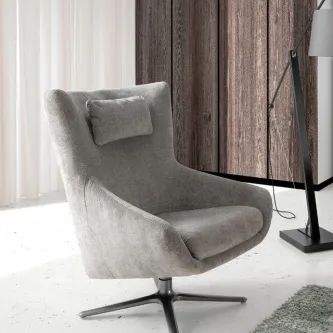 Poltrona elegante cinzenta giratória com almofada de cabeça e base metálica