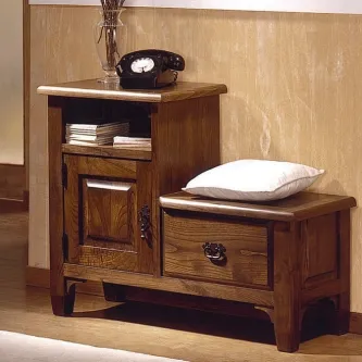 Mesa de apoio 17 em madeira com banco almofadado, gaveta e armário.