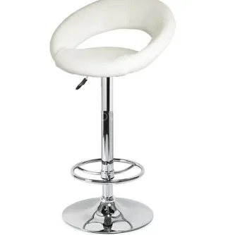 Banco de bar branco com assento redondo, apoio de pés e base cromada ajustável