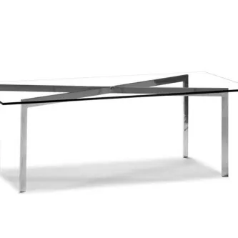 Mesa de vidro com tampo rectangular e estrutura metálica cromada em X