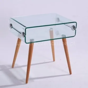 Mesa de apoio com tampo em vidro retangular e pernas cónicas em madeira