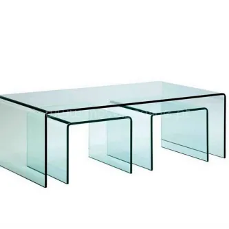 Mesa Centro Trip em vidro transparente com três mesas encaixáveis em U
