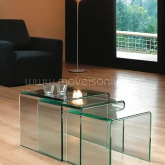 Mesa Mae Vulcano em vidro curvado, conjunto de três mesas ninho transparentes