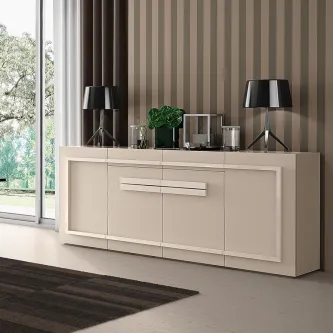 Aparador Century bege moderno com candeeiros, objectos decorativos e papel de parede riscado