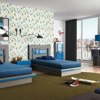 A cama, o escritório e os armários integram-se para criar um lugar ideal para estudar, descansar e divertir-se. O quarto Century Juvenil é o seu espaço para começar a sonhar!