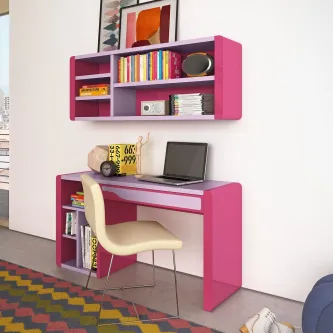 Secretaria Onda Juvenil rosa com estante superior, cadeira e portátil