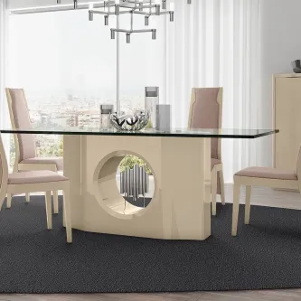 Mesa de jantar Londres N1 com tampo de vidro e base creme com corte circular