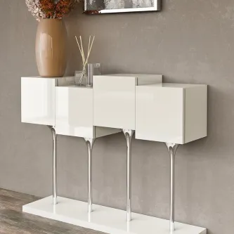 Consola Cube branca montada com três cubos, pés cromados e base branca