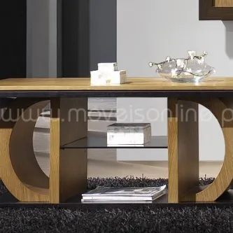 Mesa centro Omega em madeira com suportes em arco e prateleira de vidro