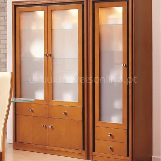 Louceiro Max 2e em madeira com portas de vidro, prateleiras e gavetas