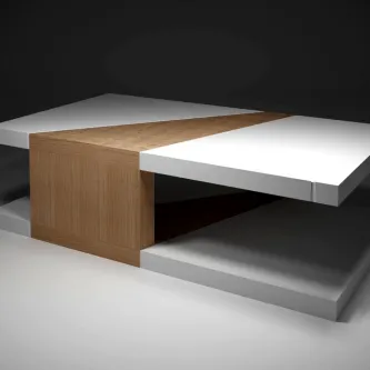Mesa de centro Kapta com tampo branco, faixa central em madeira e base em camadas