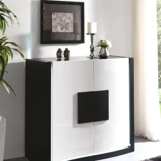 Móvel bar Galaxie branco e preto com frente curva e decoração no topo