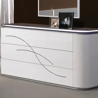 Comoda F16 branca moderna com três gavetas e linhas decorativas pretas