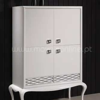 Movel Bar Palace branco com quatro portas, puxadores cromados e pés curvos