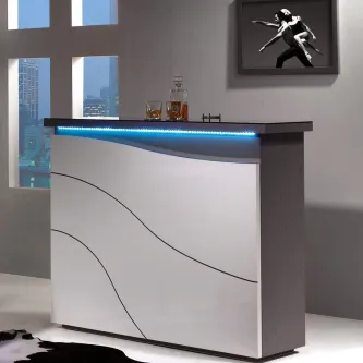 Móvel bar Manhattan branco com linhas onduladas, luz LED azul e tampo preto