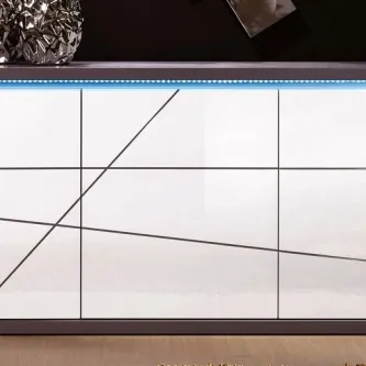 Aparador Geo branco com linhas geométricas pretas e luz azul superior