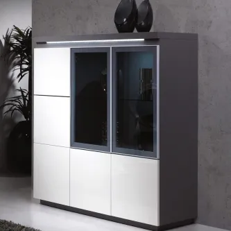 Movel bar equinox branco e cinzento com portas de vidro e prateleiras interiores