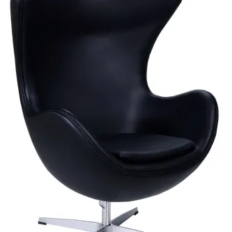 Cadeirão moderno Egg em pele preta com base giratória cromada e almofada