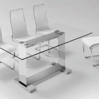 Mesa de vidro Kubic com tampo retangular e base metálica cromada