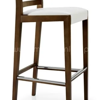 Banco bar Cassis com assento branco estofado e estrutura em madeira castanha