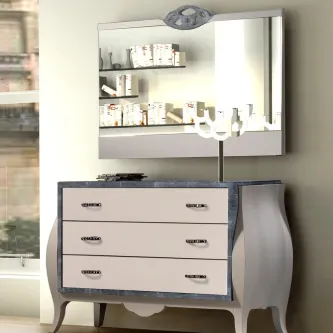 Cómoda com três gavetas, acabamento branco com moldura azul e espelho