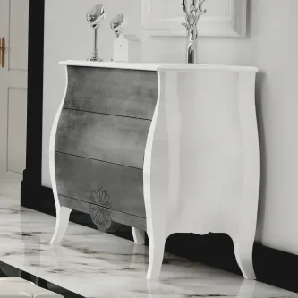 Cómoda Splendid branca com frentes curvas em madeira escura e puxador decorativo