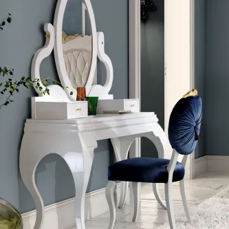 Toucador Nila branco com espelho oval, gavetas e cadeira estofada azul escuro