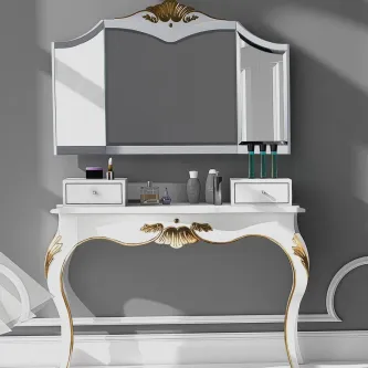 Toucador Khyara branco com espelho triplo e detalhes decorativos dourados