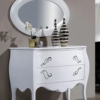 Cómoda Bulgari branca com espelho oval e vasos decorativos
